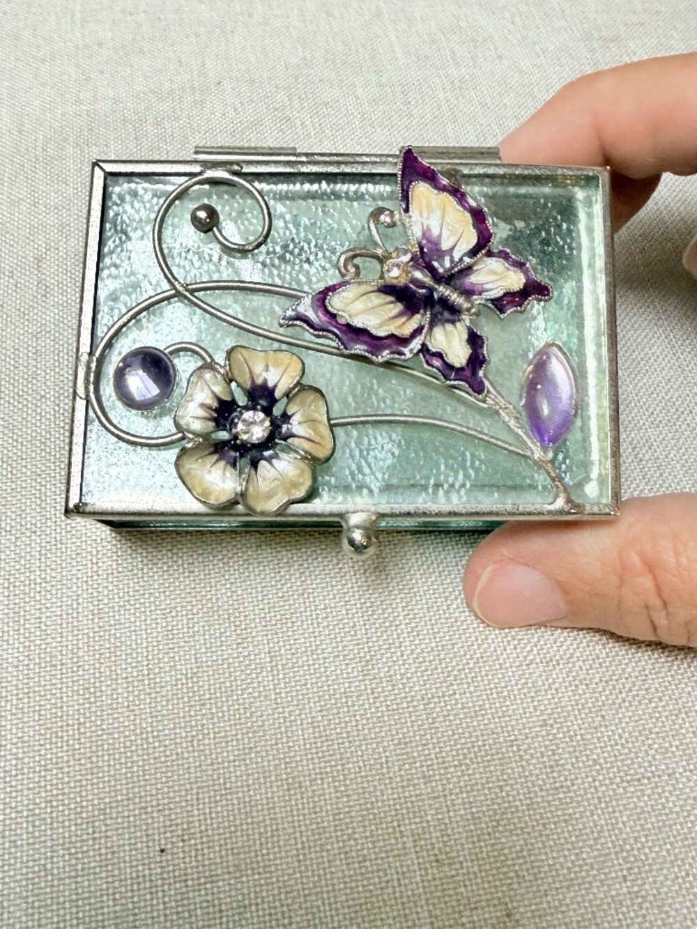 Glass Trinket Box With Enameled Floral and Butterfly Top